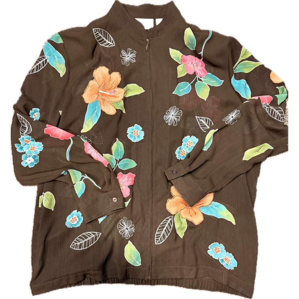 Alfred Dunner Women 16 sheer Brown Tropical Floral Zip Front Blouse  Jacket Top